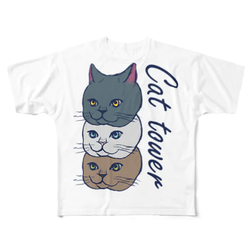猫キャットタワー フルグラフィックTシャツ