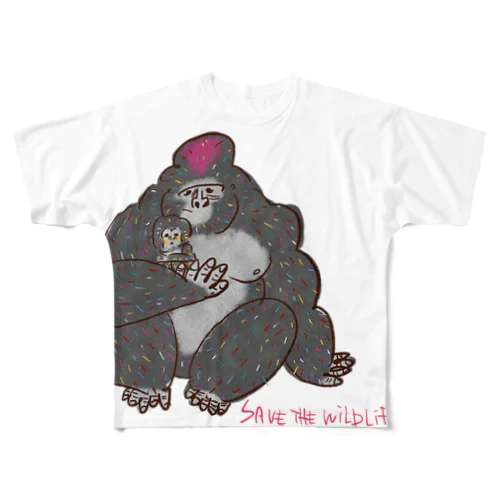 Save the wildlife ゴリラ フルグラフィックTシャツ