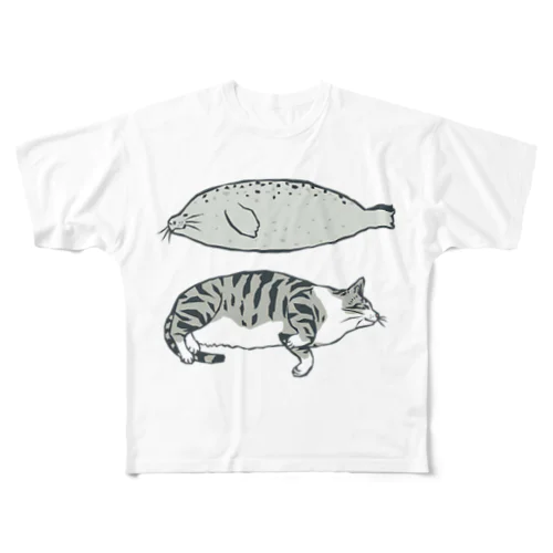 猫とアザラシ フルグラフィックTシャツ