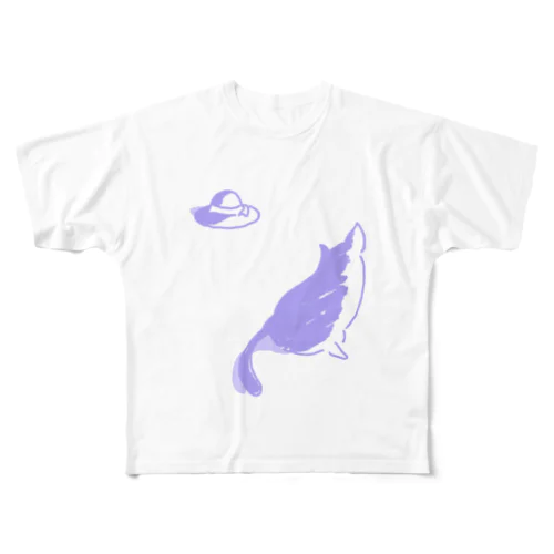 猫と帽子(紫) フルグラフィックTシャツ