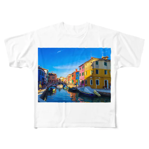 カラフルな港街 フルグラフィックTシャツ