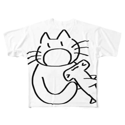 サメ食べねこ All-Over Print T-Shirt