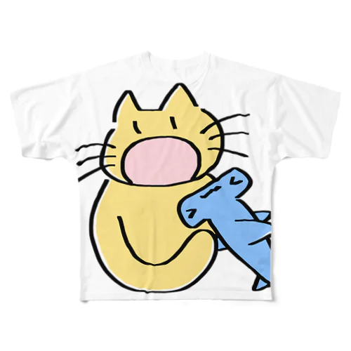 サメ食べねこ (カラー) フルグラフィックTシャツ