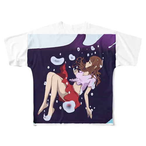 浸水する少女とワイン フルグラフィックTシャツ