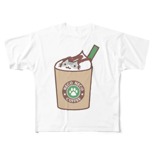 コーヒーフラペチーノさばしろ猫 フルグラフィックTシャツ