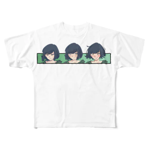 照れ女の子3コマT フルグラフィックTシャツ