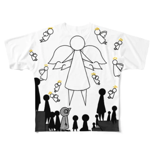 天使を眺めるトリさん フルグラフィックTシャツ
