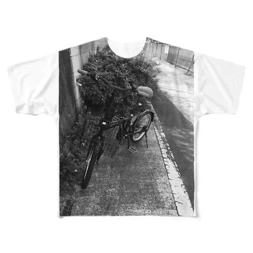 路上の自転車モノクロ フルグラフィックTシャツ