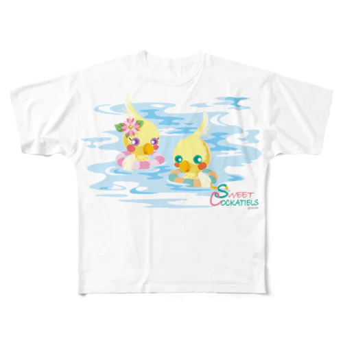 Sweet Cockatiels／浮き輪で海水浴 All-Over Print T-Shirt