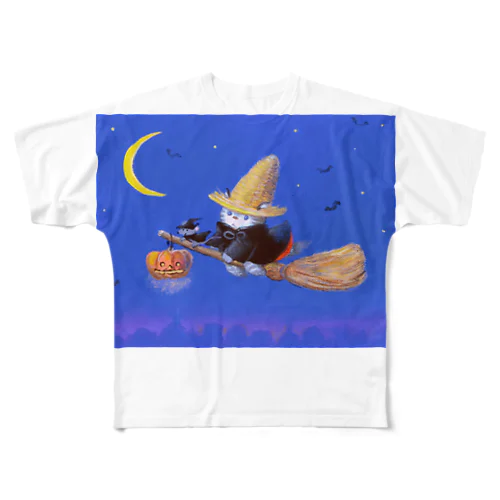 麦藁帽子をかぶった猫　ハロウィン　空飛ぶ箒 フルグラフィックTシャツ