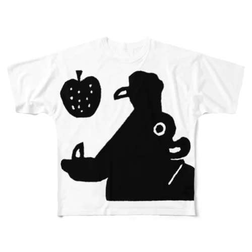 リンゴをもらったカバ　（モノクロ） フルグラフィックTシャツ