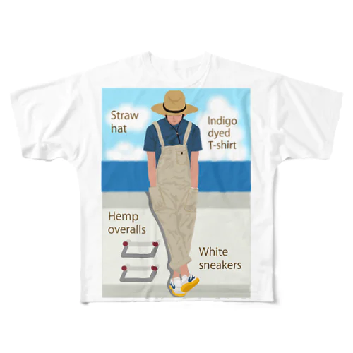 海と麦わら帽の青年 All-Over Print T-Shirt