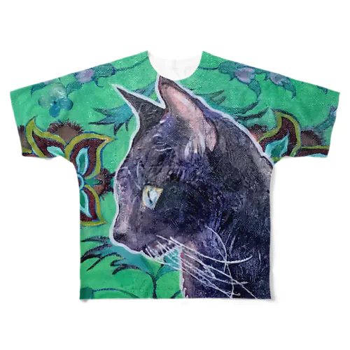 絨毯柄と黒猫 フルグラフィックTシャツ