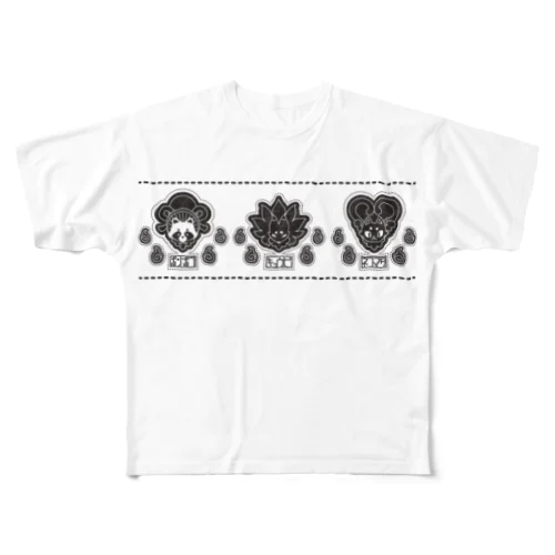 狸・狐・猫-黒- フルグラフィックTシャツ