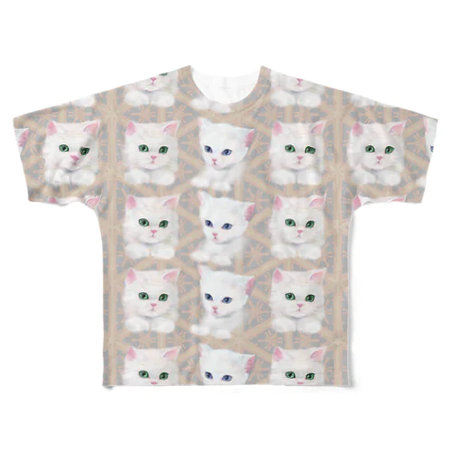 かわいい白猫と北欧風パターンイラスト All-Over Print T-Shirt