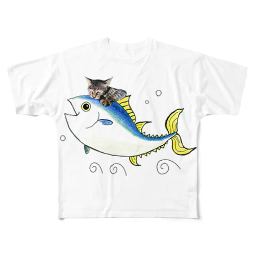 マグロに挑む猫 All-Over Print T-Shirt