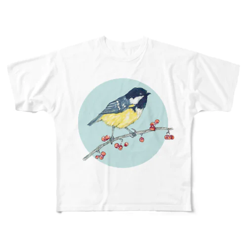 ベリーと鳥 (Great Tit) All-Over Print T-Shirt
