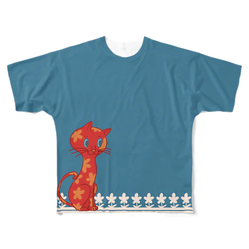 花柄のネコ All-Over Print T-Shirt