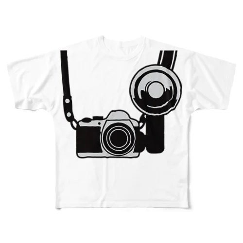 ストロボ付きレトロカメラ フルグラフィックTシャツ