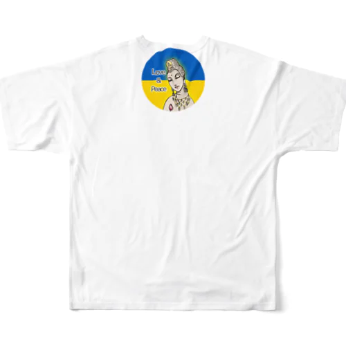 Love＆Peace観世音菩薩ウクライナ国旗背景 フルグラフィックTシャツ