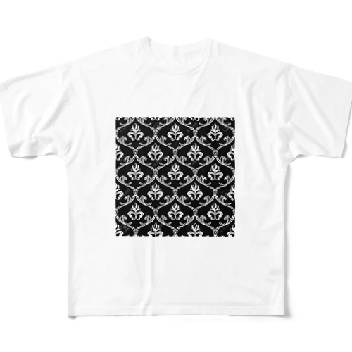 お洒落なレトロ柄 BLACK フルグラフィックTシャツ