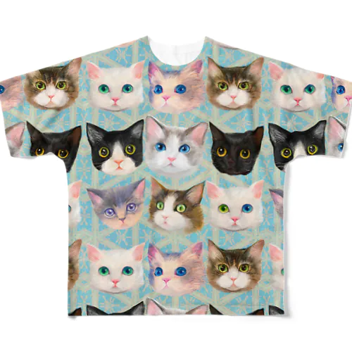 かわいい猫たちと北欧風パターンイラスト All-Over Print T-Shirt