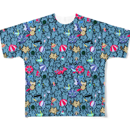 みっちり！ねこねこ海水浴　ブルー All-Over Print T-Shirt