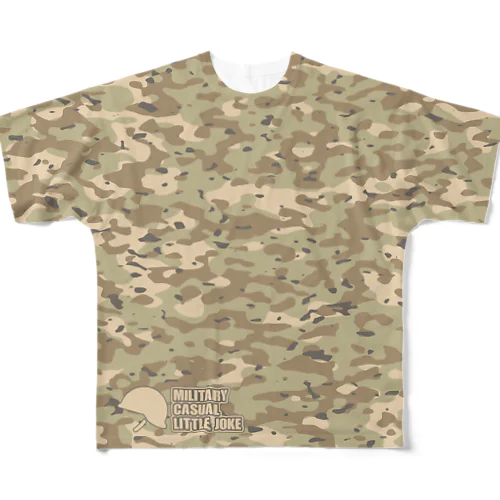 ヘルメット付きロゴxCamo DesertCamp 砂漠用迷彩 サバゲー装備 フルグラフィックTシャツ