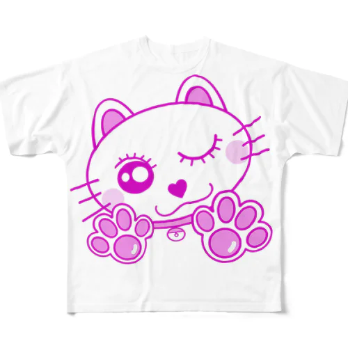 ピンク/ネコ/肉球 풀그래픽 티셔츠