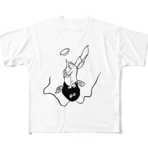 JUNSEN(純仙)浮世絵風　鯰にまたがるさる All-Over Print T-Shirt