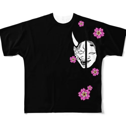 能面×桜 All-Over Print T-Shirt