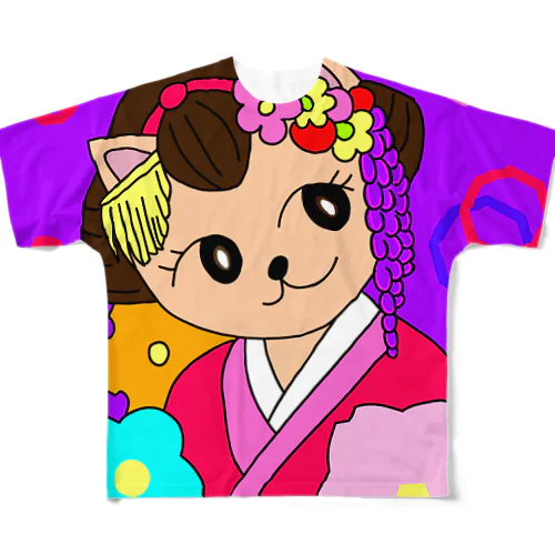 猫 舞妓さん 和柄 フルグラフィックTシャツ