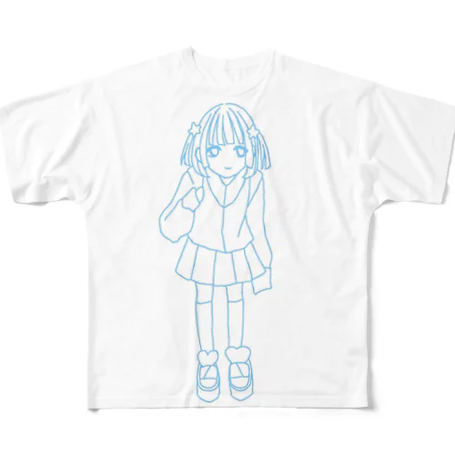 猫背女児の線画 フルグラフィックTシャツ