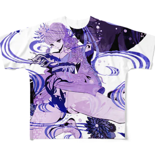 和柄 青の金魚姫3 藤紫 キモノガール 差分 All-Over Print T-Shirt