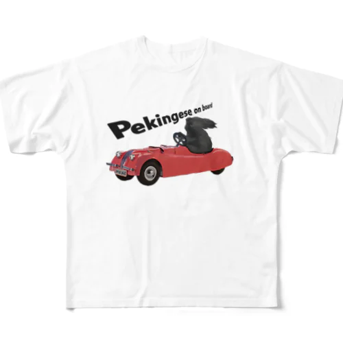 レーシングカーに乗ったペキニーズ　黒 풀그래픽 티셔츠