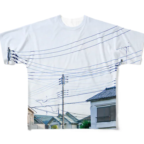 電線と家々 フルグラフィックTシャツ