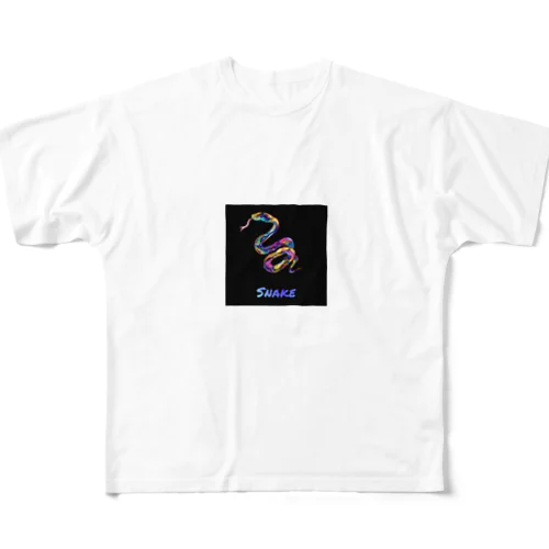 蛇ロゴデザイン　裏面フルムーン＆ダークスネーク　アルコールインクアート　 フルグラフィックTシャツ