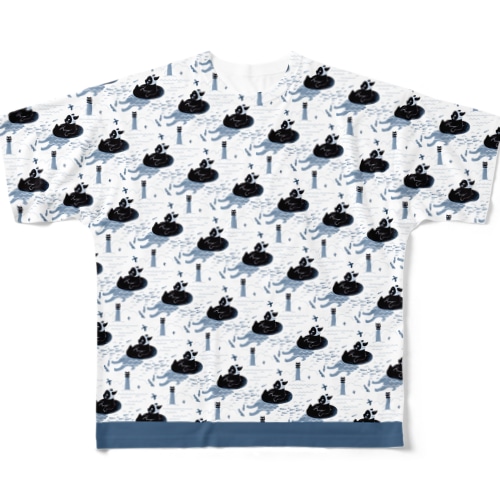 銀鉤舎 黒猫灯台・青 All-Over Print T-Shirt