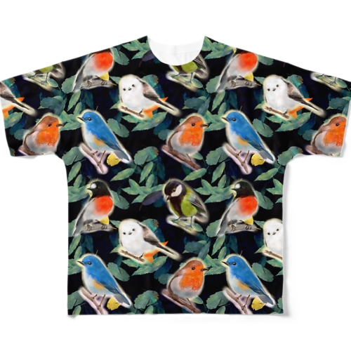 落ち葉のコラージュとかわいい野鳥たち All-Over Print T-Shirt