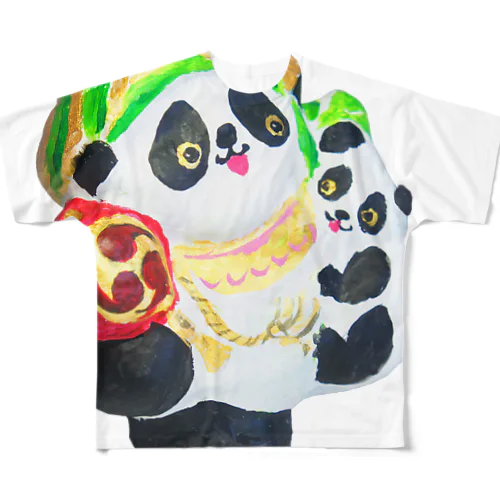 招福あっぱれ大黒パンダ親子 All-Over Print T-Shirt