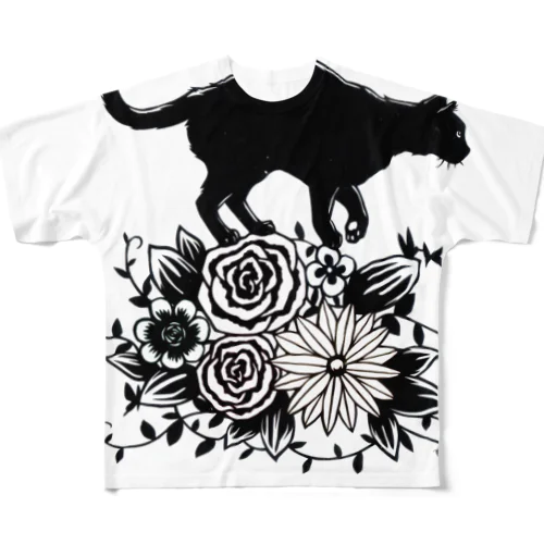 花に乗る猫 フルグラフィックTシャツ