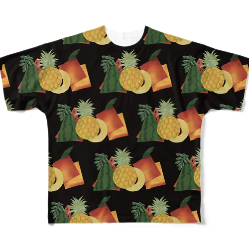 Fruits pattern Black フルグラフィックTシャツ