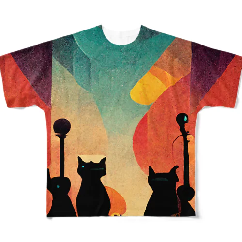 オーロラと猫 フルグラフィックTシャツ