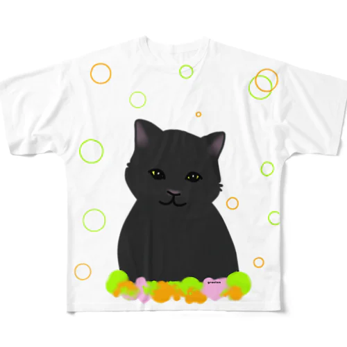 癒し猫 黒猫 フルグラフィックTシャツ