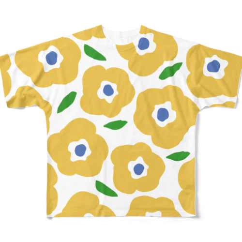 北欧調黄色い花柄 フルグラフィックTシャツ