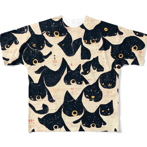 黒猫　AI葛飾北斎 フルグラフィックTシャツ