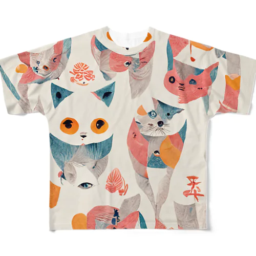 猫あそび　AI葛飾北斎 フルグラフィックTシャツ