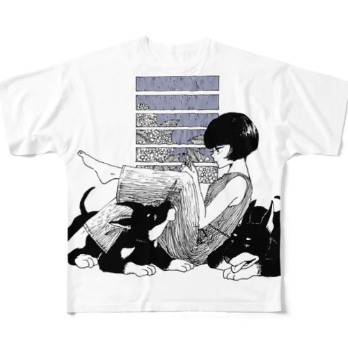 雨と紫陽花、ドーベルマン All-Over Print T-Shirt
