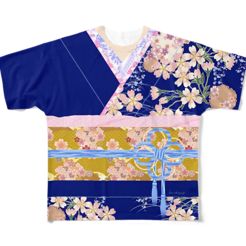 着物柄（振袖風）青 -桜- フルグラフィックTシャツ