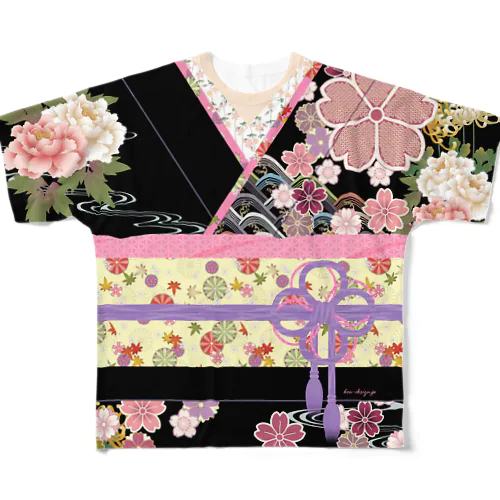 着物柄（振袖風）黒 -桜- All-Over Print T-Shirt